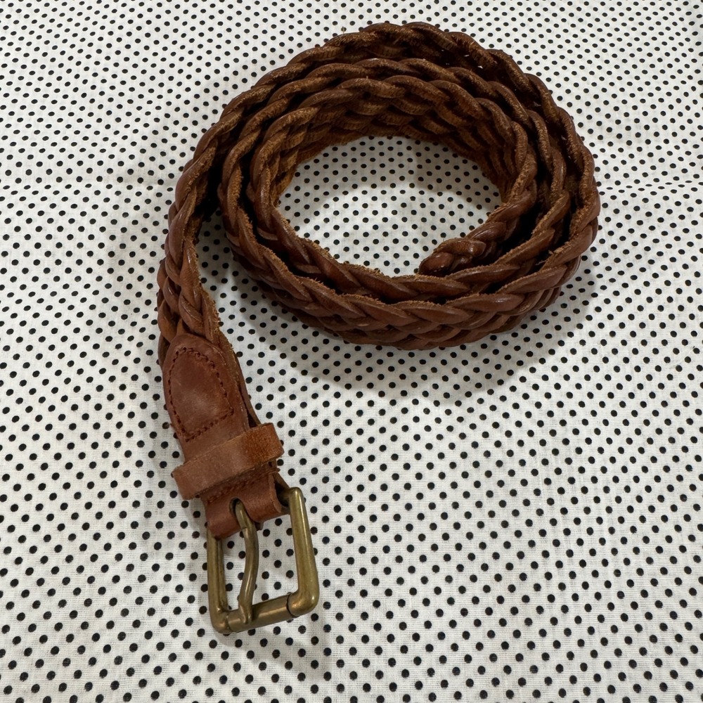 Vintage Brown Braided Leather Belt Woven Cognac Antique Brass Buckle 39 Inch